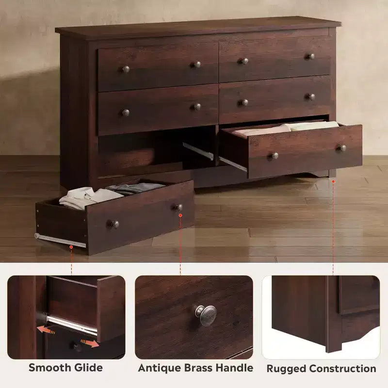 Comò largo a 6 cassetti nero/marrone, stile moderno
