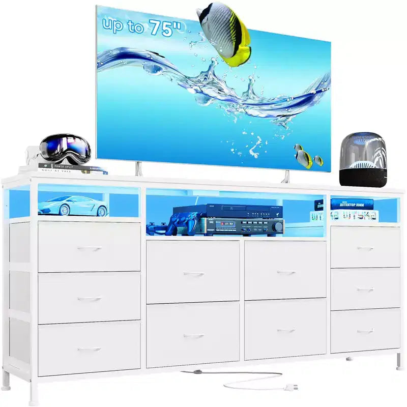 Comò a 10 cassetti con supporto TV, adatto per TV fino a 75" – Marrone rustico / Bianco