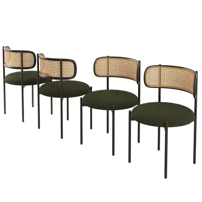 Sedia da pranzo in velluto verde con schienale in rattan, senza braccioli, set da 2