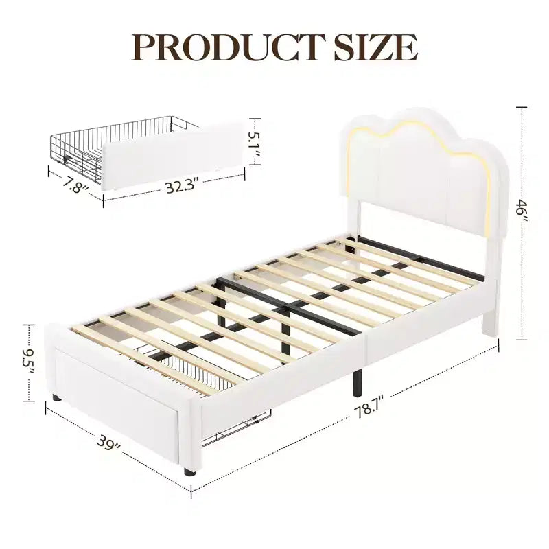 Letto a piattaforma a LED gemello, in similpelle, RGB, 1 persona