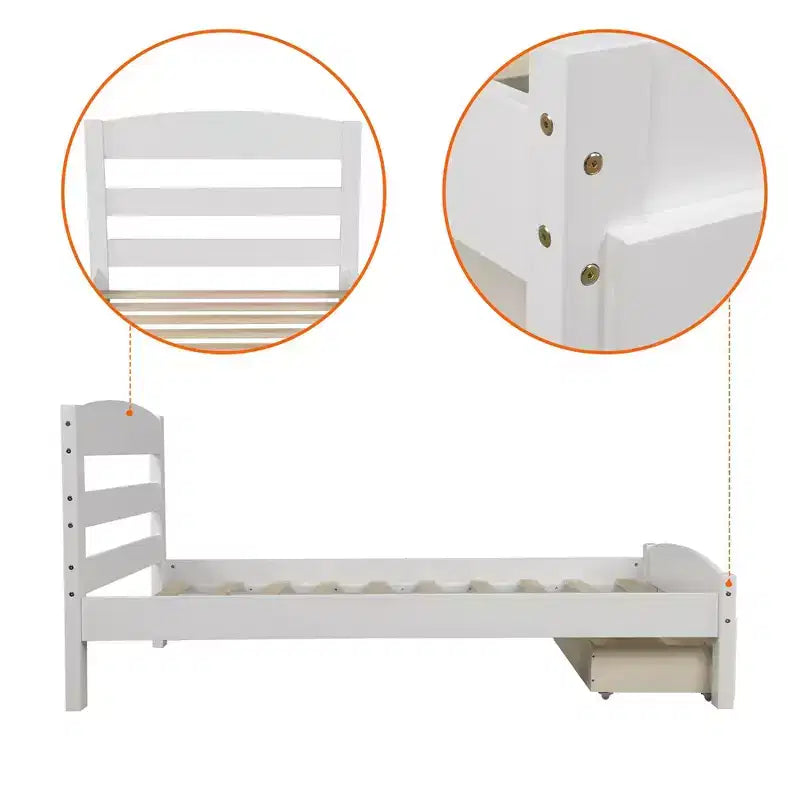 Struttura letto a piattaforma doppia marrone/bianca con cassetto contenitore, doghe in legno, 1 persona