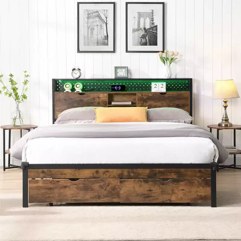 Struttura Letto Matrimoniale in Metallo Nero Marrone con Testiera e Pediera in Legno, Luci LED, Ricarica USB, 1 Persona