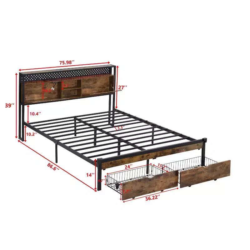 Struttura Letto Matrimoniale in Metallo Nero Marrone con Testiera e Pediera in Legno, Luci LED, Ricarica USB, 1 Persona