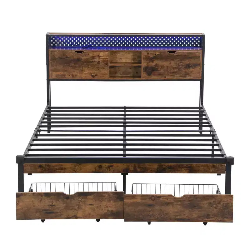 Struttura Letto Matrimoniale in Metallo Nero Marrone con Testiera e Pediera in Legno, Luci LED, Ricarica USB, 1 Persona