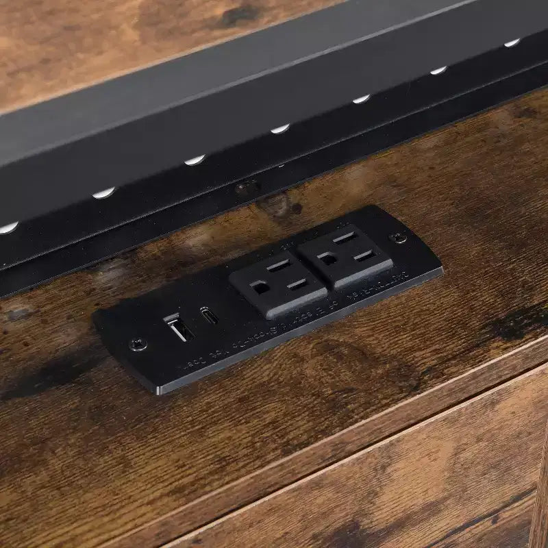 Struttura Letto Matrimoniale in Metallo Nero Marrone con Testiera e Pediera in Legno, Luci LED, Ricarica USB, 1 Persona
