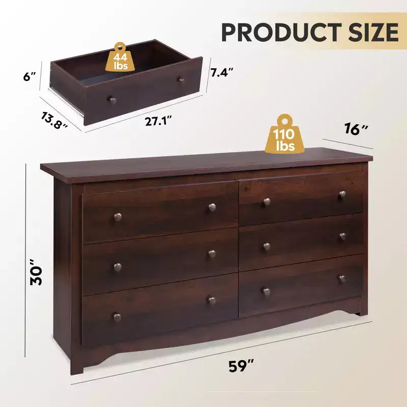 Comò largo a 6 cassetti nero/marrone, stile moderno