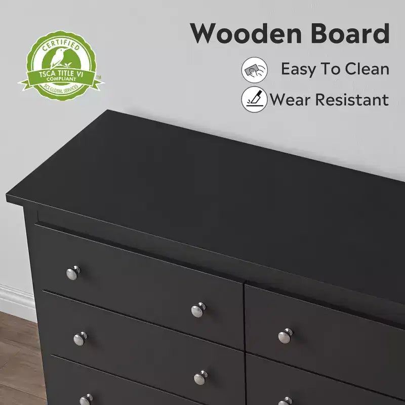 Comò largo a 6 cassetti nero/marrone, stile moderno