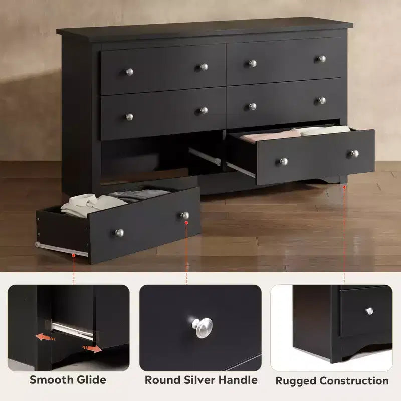 Comò largo a 6 cassetti nero/marrone, stile moderno