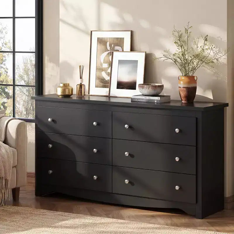 Comò largo a 6 cassetti nero/marrone, stile moderno