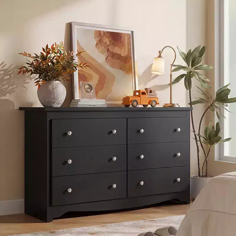 Comò largo a 6 cassetti nero/marrone, stile moderno