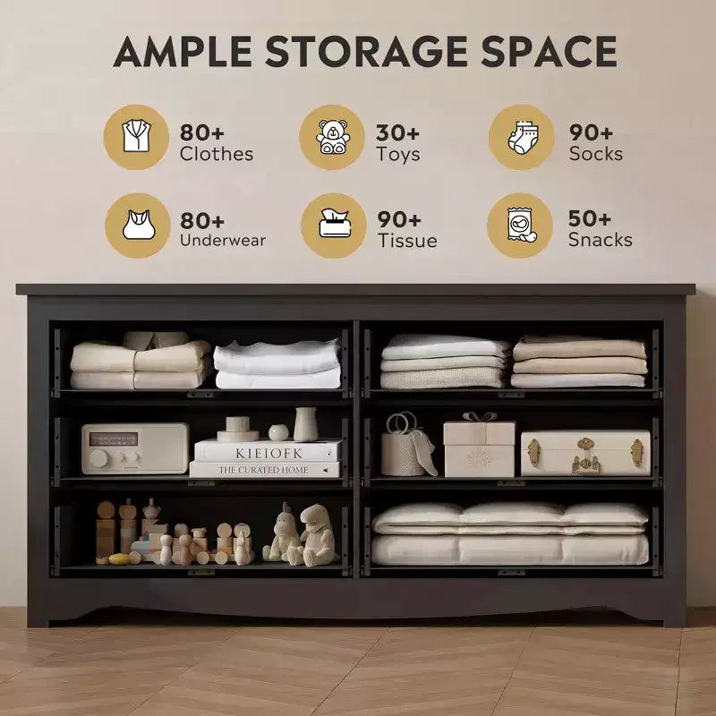 Comò largo a 6 cassetti nero/marrone, stile moderno