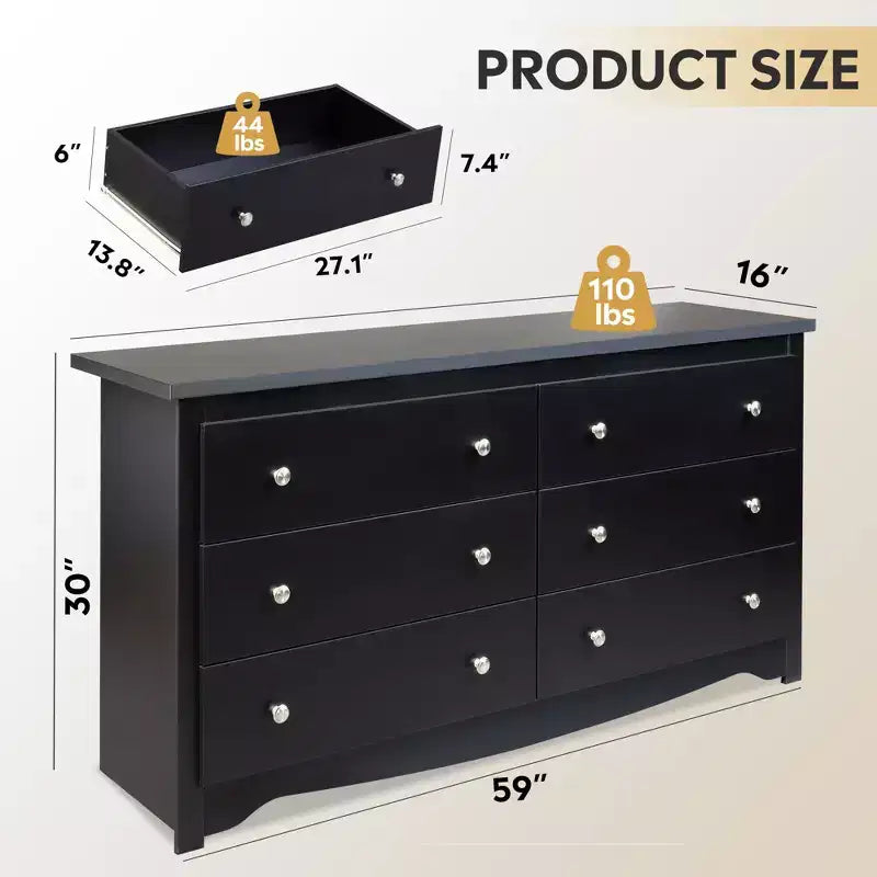 Comò largo a 6 cassetti nero/marrone, stile moderno