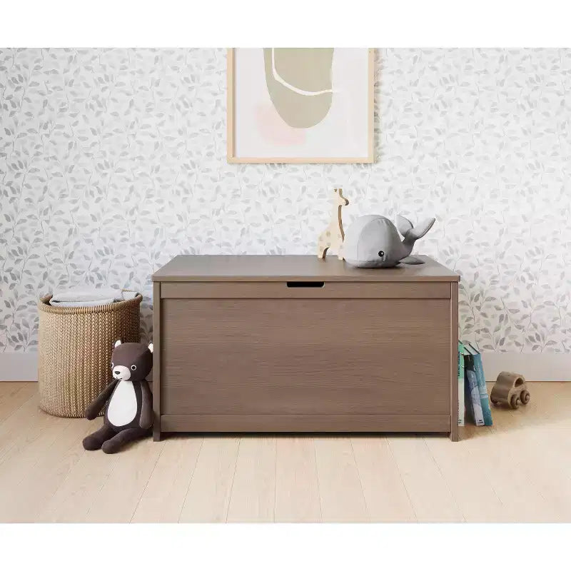 Cesta portaoggetti in legno con coperchio di sicurezza, capacità 170 litri, grigio elegante / brughiera polverosa / bianco opaco, per bambini