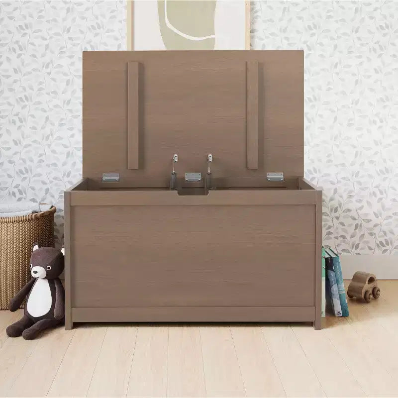 Cesta portaoggetti in legno con coperchio di sicurezza, capacità 170 litri, grigio elegante / brughiera polverosa / bianco opaco, per bambini
