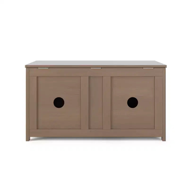 Cesta portaoggetti in legno con coperchio di sicurezza, capacità 170 litri, grigio elegante / brughiera polverosa / bianco opaco, per bambini