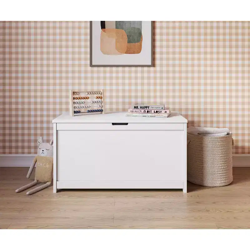 Cesta portaoggetti in legno con coperchio di sicurezza, capacità 170 litri, grigio elegante / brughiera polverosa / bianco opaco, per bambini
