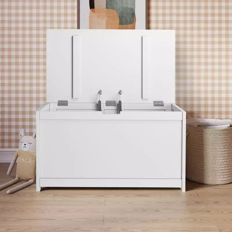 Cesta portaoggetti in legno con coperchio di sicurezza, capacità 170 litri, grigio elegante / brughiera polverosa / bianco opaco, per bambini