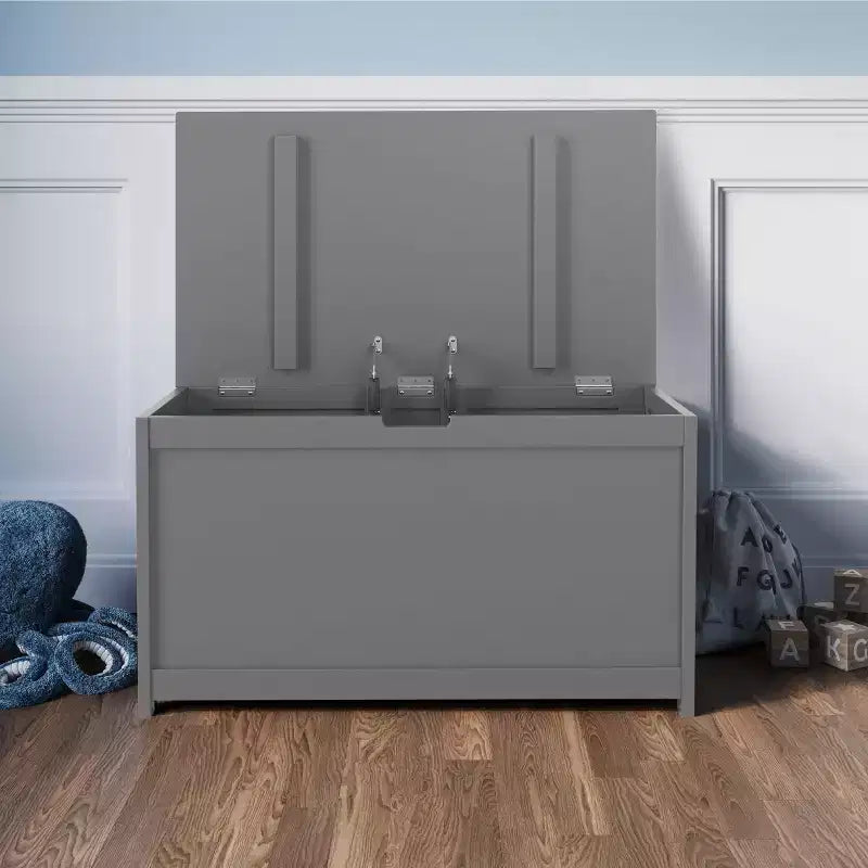 Cesta portaoggetti in legno con coperchio di sicurezza, capacità 170 litri, grigio elegante / brughiera polverosa / bianco opaco, per bambini