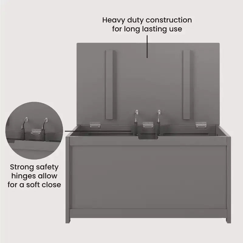 Cesta portaoggetti in legno con coperchio di sicurezza, capacità 170 litri, grigio elegante / brughiera polverosa / bianco opaco, per bambini