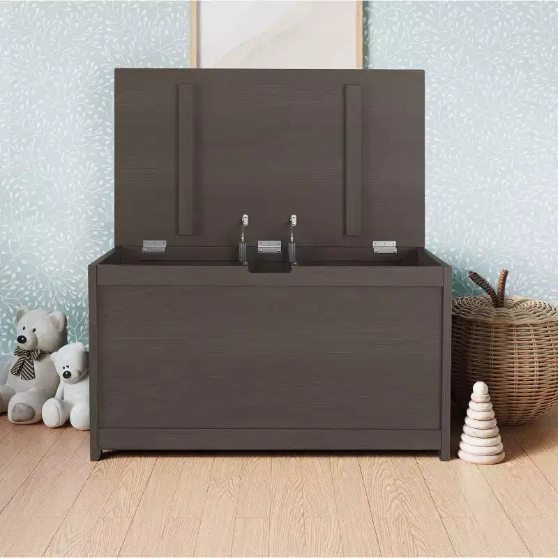 Cesta portaoggetti in legno con coperchio di sicurezza, capacità 170 litri, grigio elegante / brughiera polverosa / bianco opaco, per bambini