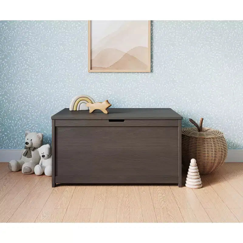 Cesta portaoggetti in legno con coperchio di sicurezza, capacità 170 litri, grigio elegante / brughiera polverosa / bianco opaco, per bambini
