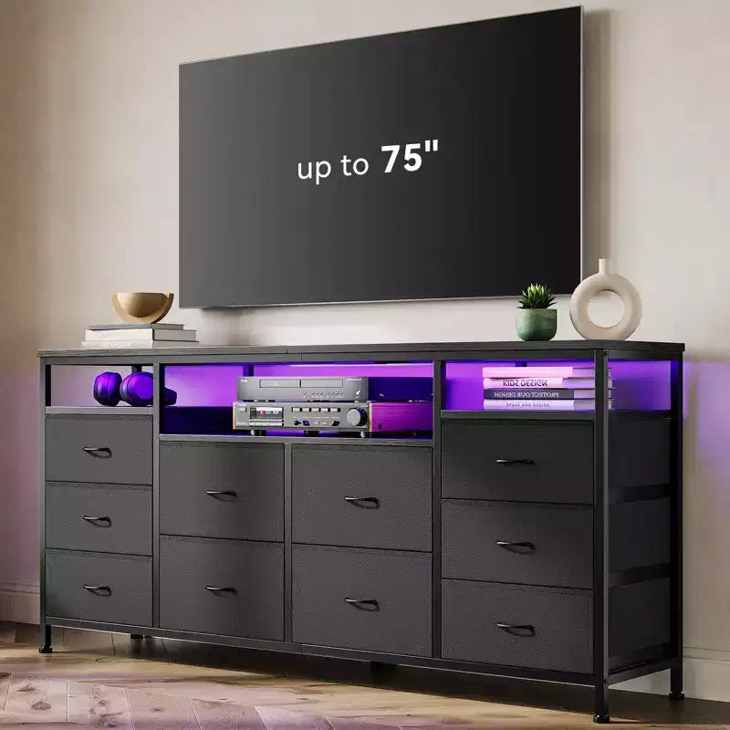 Garvee 63.3 Inch Black Dresser for Bedroom, 10 Drawer Dresser TV Stand for 65 70 75 Inch TV, Fabric Chest of Drawers with LED Lights & Power Outlets