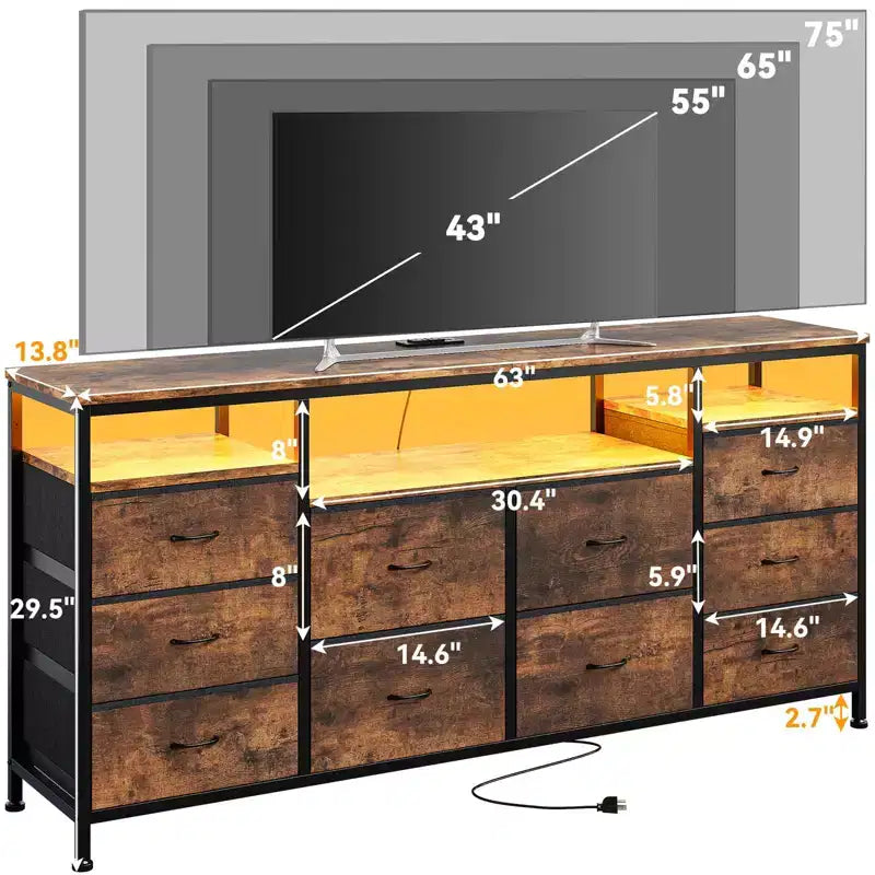 Comò a 10 cassetti con supporto TV, adatto per TV fino a 75" – Marrone rustico / Bianco
