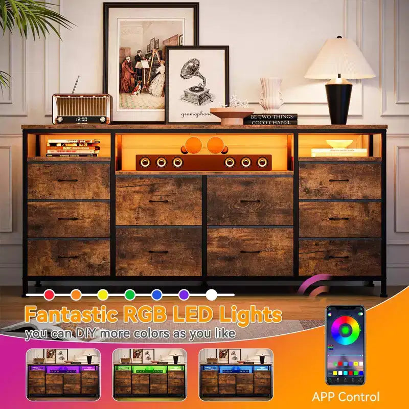 Comò a 10 cassetti con supporto TV, adatto per TV fino a 75" – Marrone rustico / Bianco