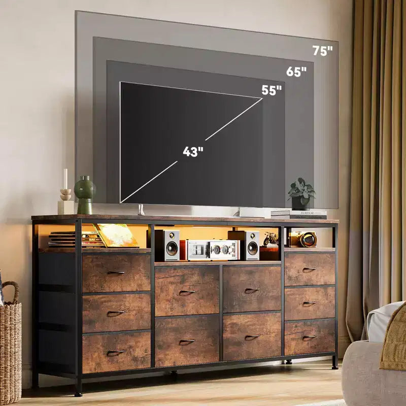 Comò a 10 cassetti con supporto TV, adatto per TV fino a 75" – Marrone rustico / Bianco