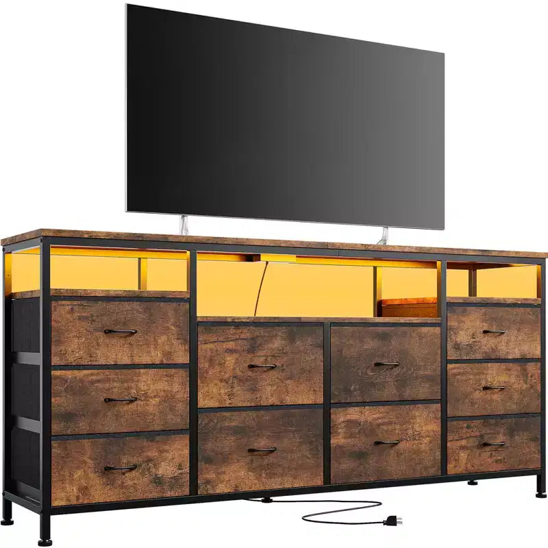 Comò a 10 cassetti con supporto TV, adatto per TV fino a 75" – Marrone rustico / Bianco
