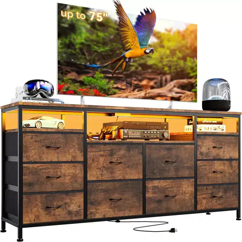 Comò a 10 cassetti con supporto TV, adatto per TV fino a 75" – Marrone rustico / Bianco