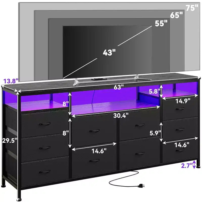 Comò a 10 cassetti con supporto TV, adatto per TV fino a 75" – Marrone rustico / Bianco