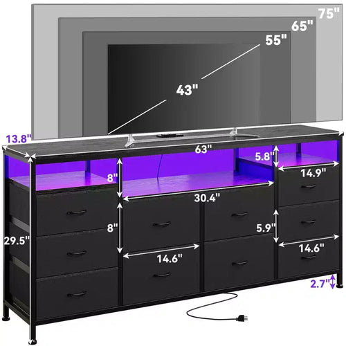 Comò a 10 cassetti con supporto TV, adatto per TV fino a 75" – Marrone rustico / Bianco