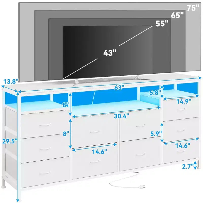 Comò a 10 cassetti con supporto TV, adatto per TV fino a 75" – Marrone rustico / Bianco