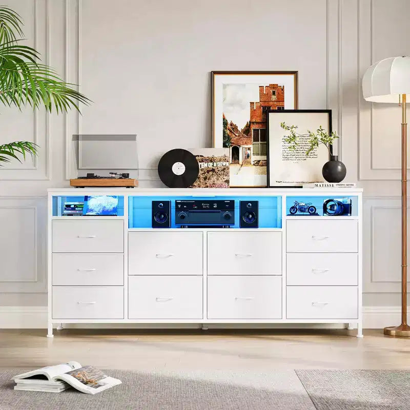 Comò a 10 cassetti con supporto TV, adatto per TV fino a 75" – Marrone rustico / Bianco