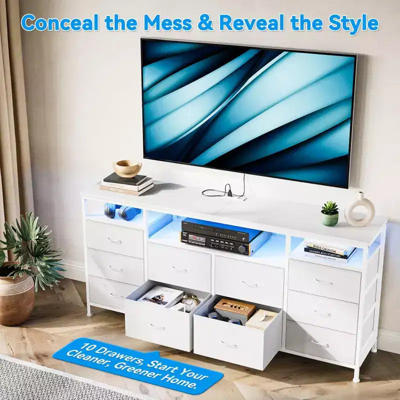 Comò a 10 cassetti con supporto TV, adatto per TV fino a 75" – Marrone rustico / Bianco