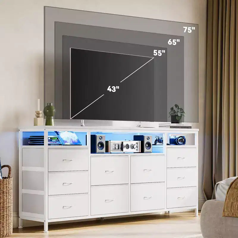 Comò a 10 cassetti con supporto TV, adatto per TV fino a 75" – Marrone rustico / Bianco