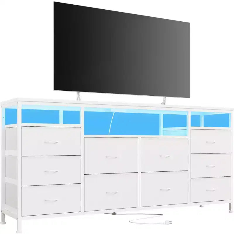 Comò a 10 cassetti con supporto TV, adatto per TV fino a 75" – Marrone rustico / Bianco