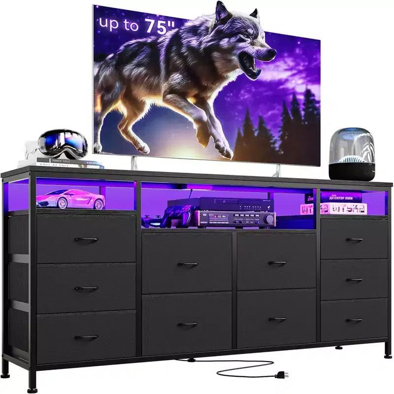 Comò a 10 cassetti con supporto TV, adatto per TV fino a 75" – Marrone rustico / Bianco