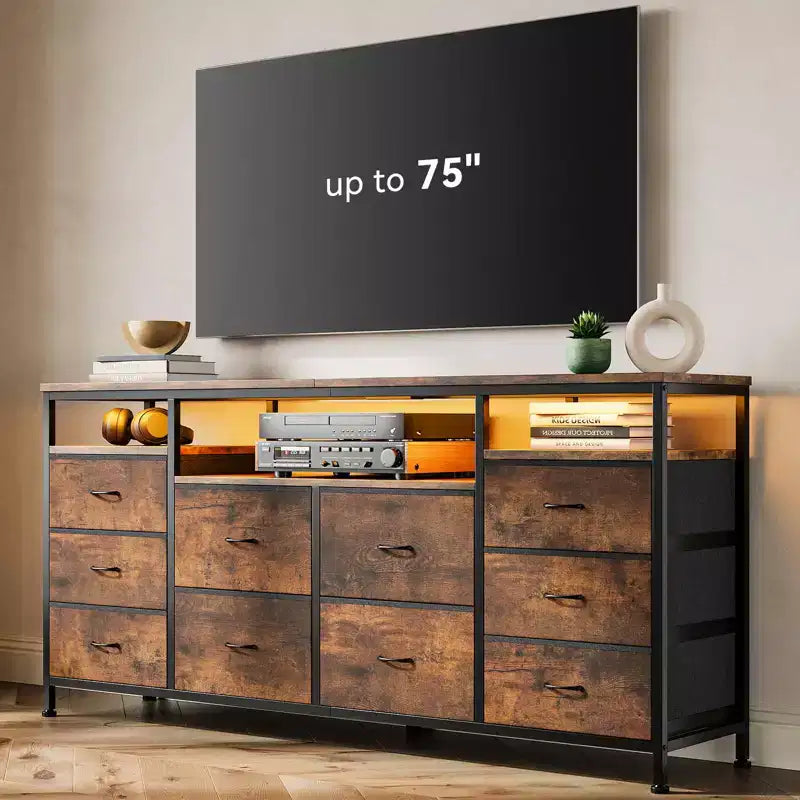 Comò a 10 cassetti con supporto TV, adatto per TV fino a 75" – Marrone rustico / Bianco