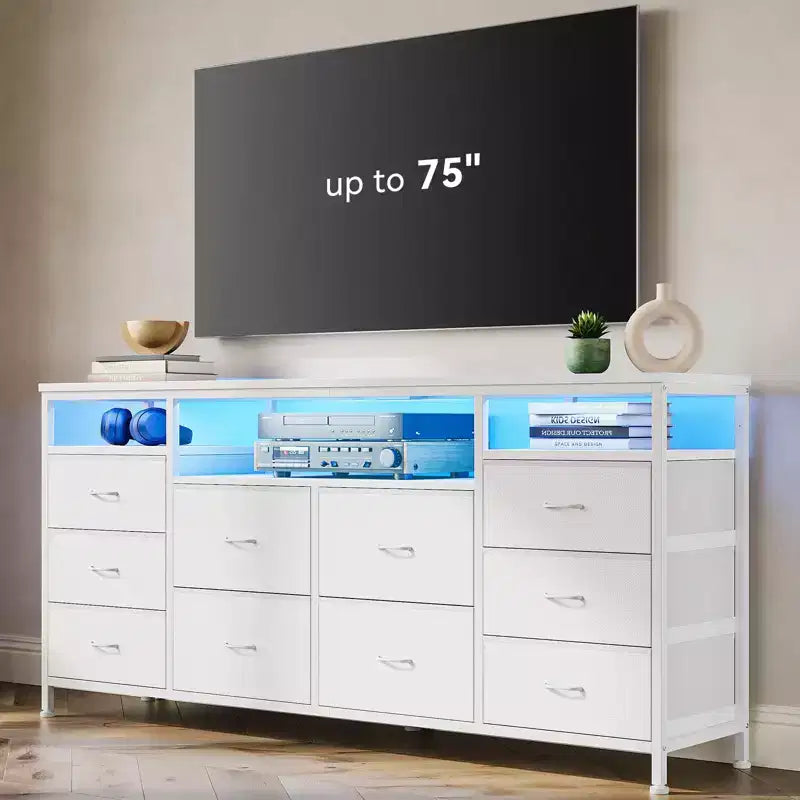 Comò a 10 cassetti con supporto TV, adatto per TV fino a 75" – Marrone rustico / Bianco