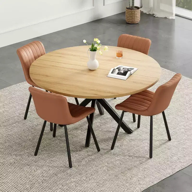 Tavolo da pranzo rotondo, legno naturale e nero, 4-6 posti