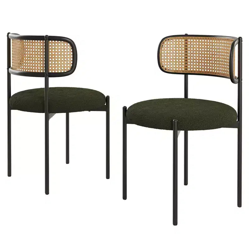 PexFix 2Pcs Modern Upholstered Dining Chairs Rattan Back Dining Room Chairs Accent Kitchen Chairs with Metal Legs Green