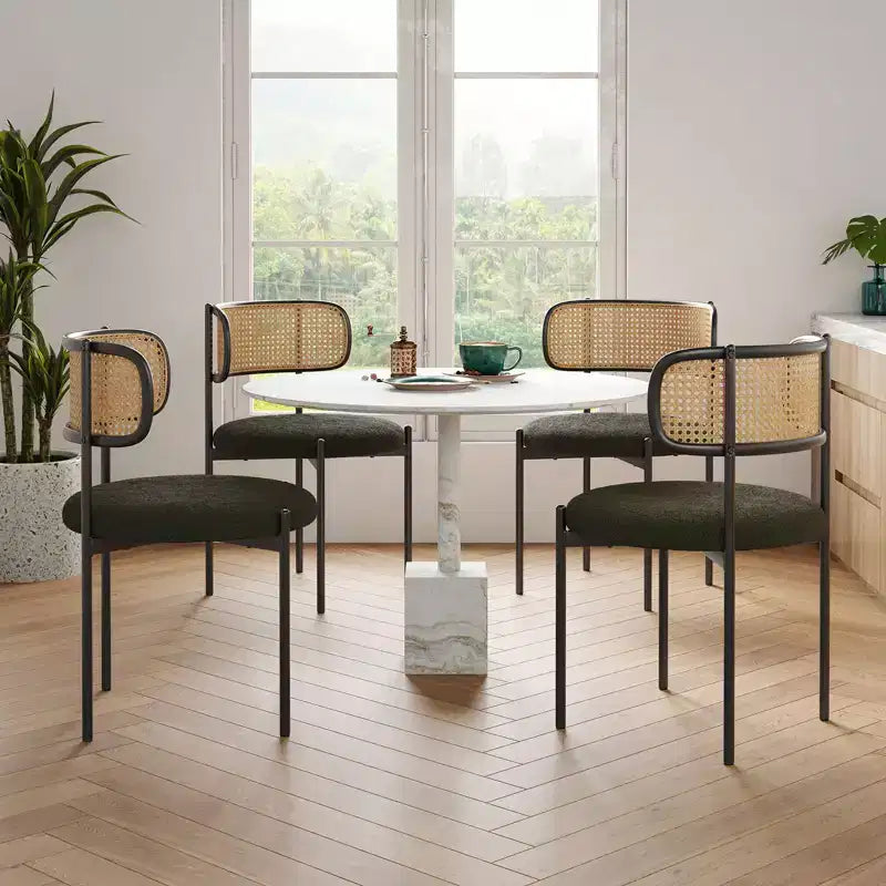 Sedia da pranzo in velluto verde con schienale in rattan, senza braccioli, set da 2