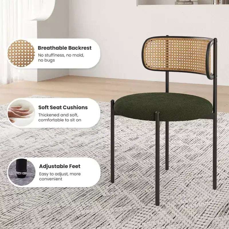 Sedia da pranzo in velluto verde con schienale in rattan, senza braccioli, set da 2