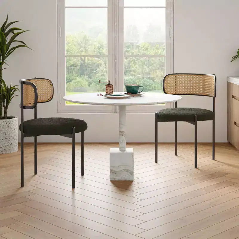Sedia da pranzo in velluto verde con schienale in rattan, senza braccioli, set da 2
