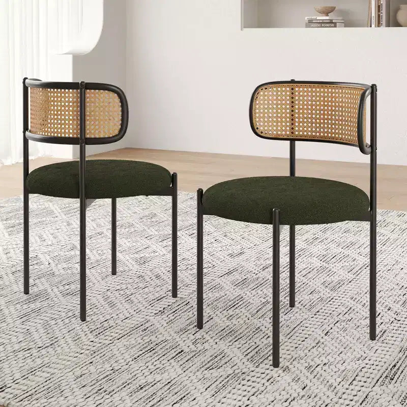 Sedia da pranzo in velluto verde con schienale in rattan, senza braccioli, set da 2