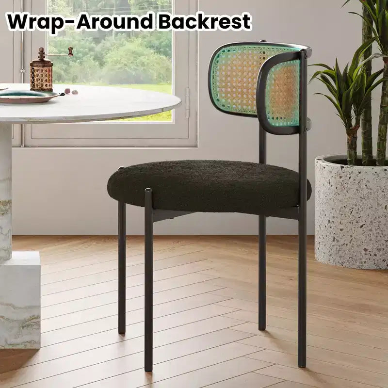 Sedia da pranzo in velluto verde con schienale in rattan, senza braccioli, set da 2