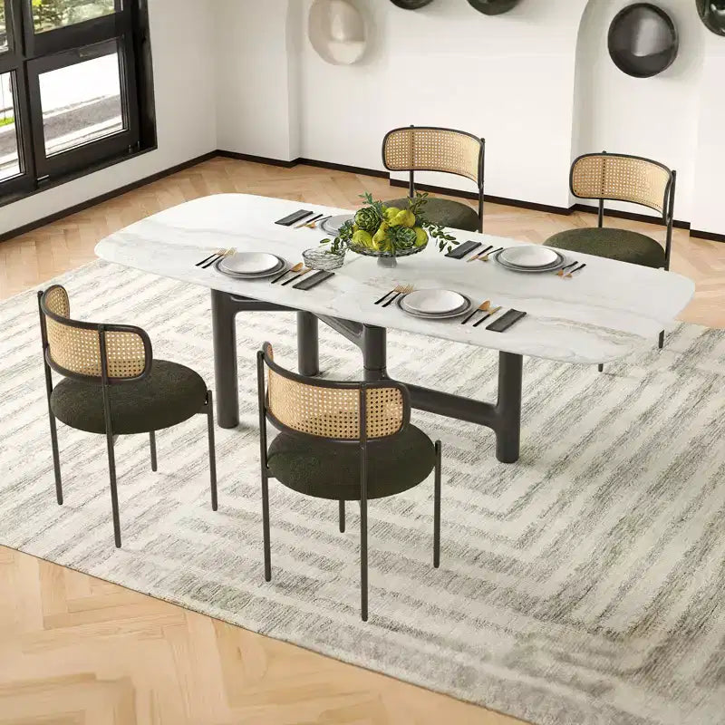 Sedia da pranzo in velluto verde con schienale in rattan, senza braccioli, set da 2