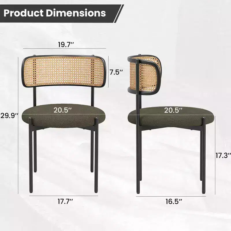 Sedia da pranzo in velluto verde con schienale in rattan, senza braccioli, set da 2